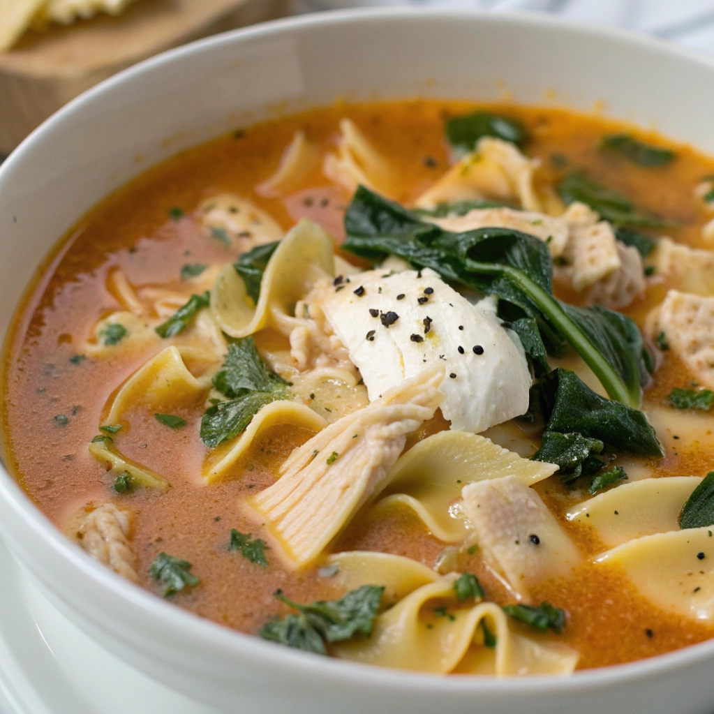 Bowl of white lasagna soup with chicken, spinach, and ricotta.