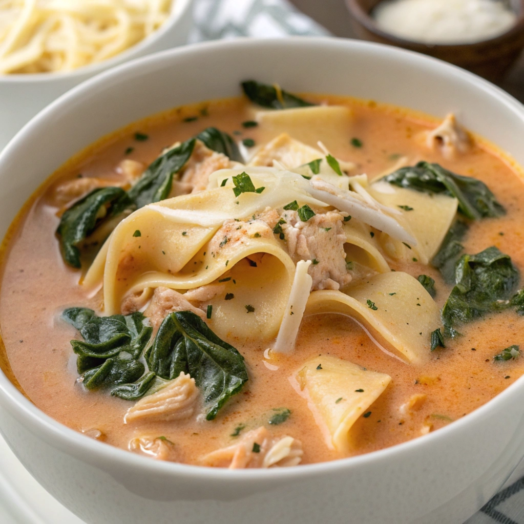 Close up of creamy chicken soup with lasagna noodles and spinach.