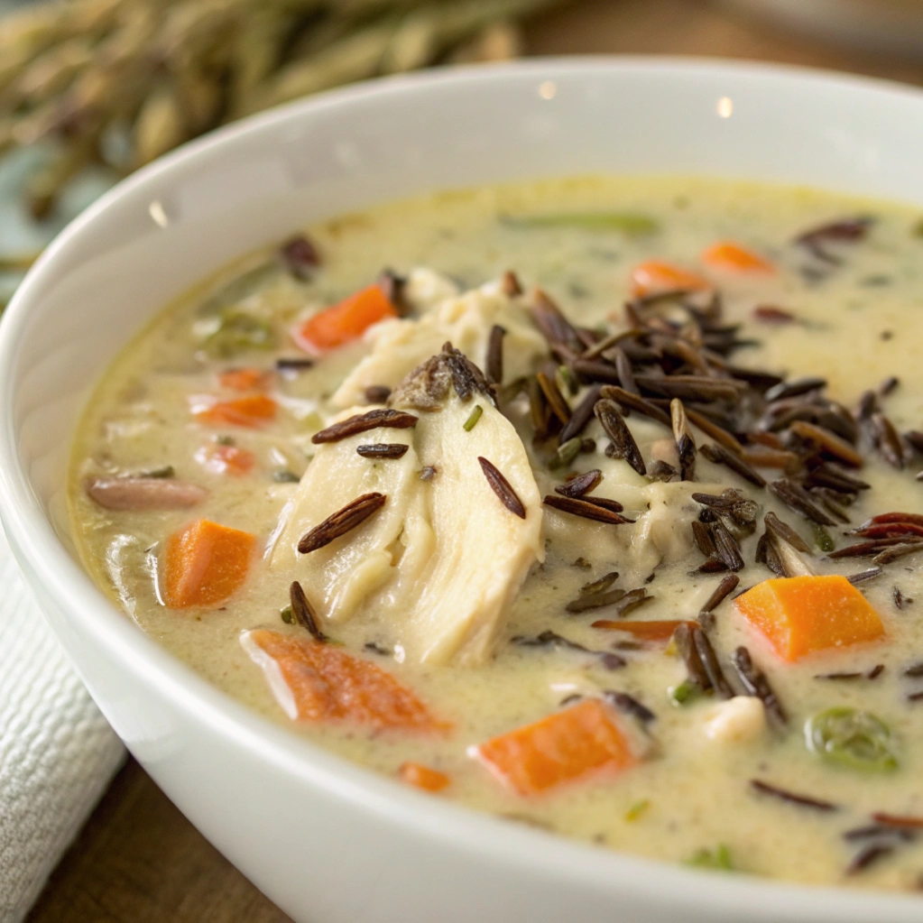 Creamy chicken wild rice soup with shredded chicken and carrots.