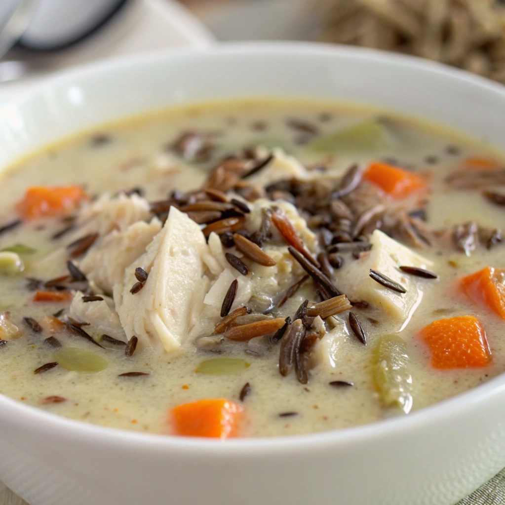 Close up of chicken and wild rice soup in a white bowl.