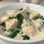 Close up of creamy chicken and spinach dish in a white bowl.