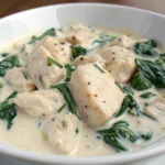 Chicken pieces in creamy Greek yogurt sauce with spinach.