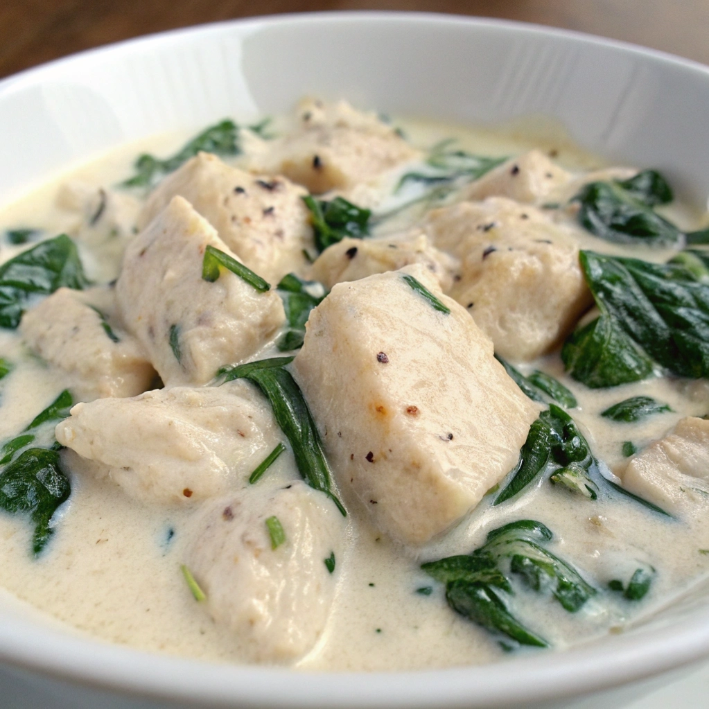 Chicken pieces in creamy Greek yogurt sauce with spinach.