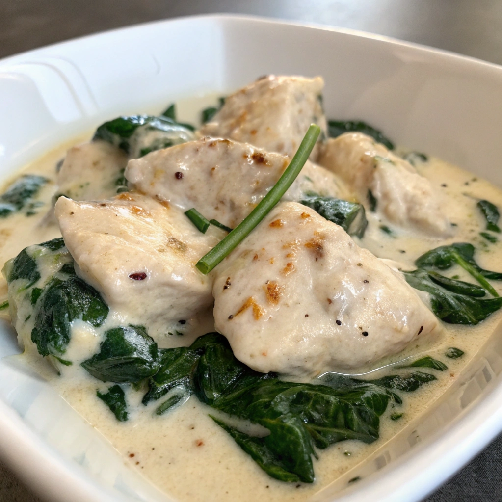 Greek yogurt chicken with spinach and fresh chives garnish.