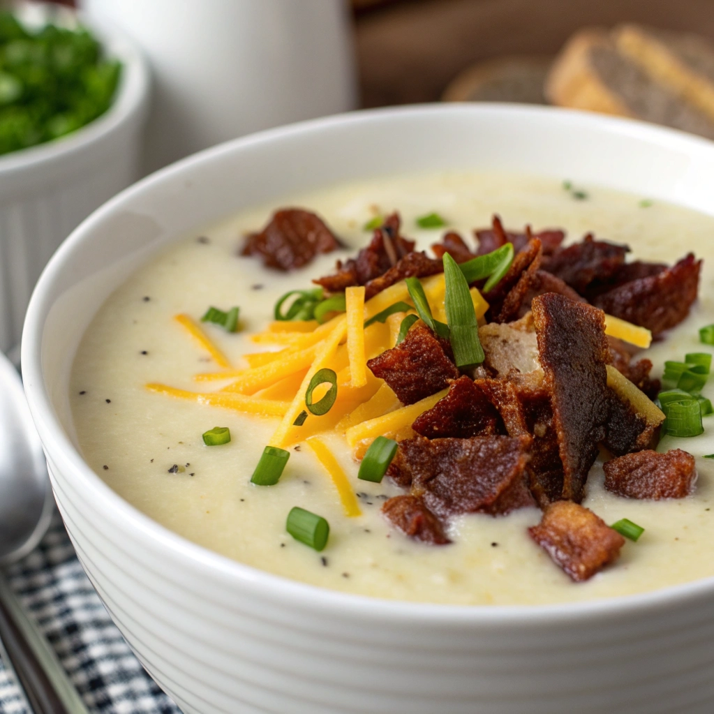 Side view of creamy potato soup bowl with melting cheese and crispy bacon bits.