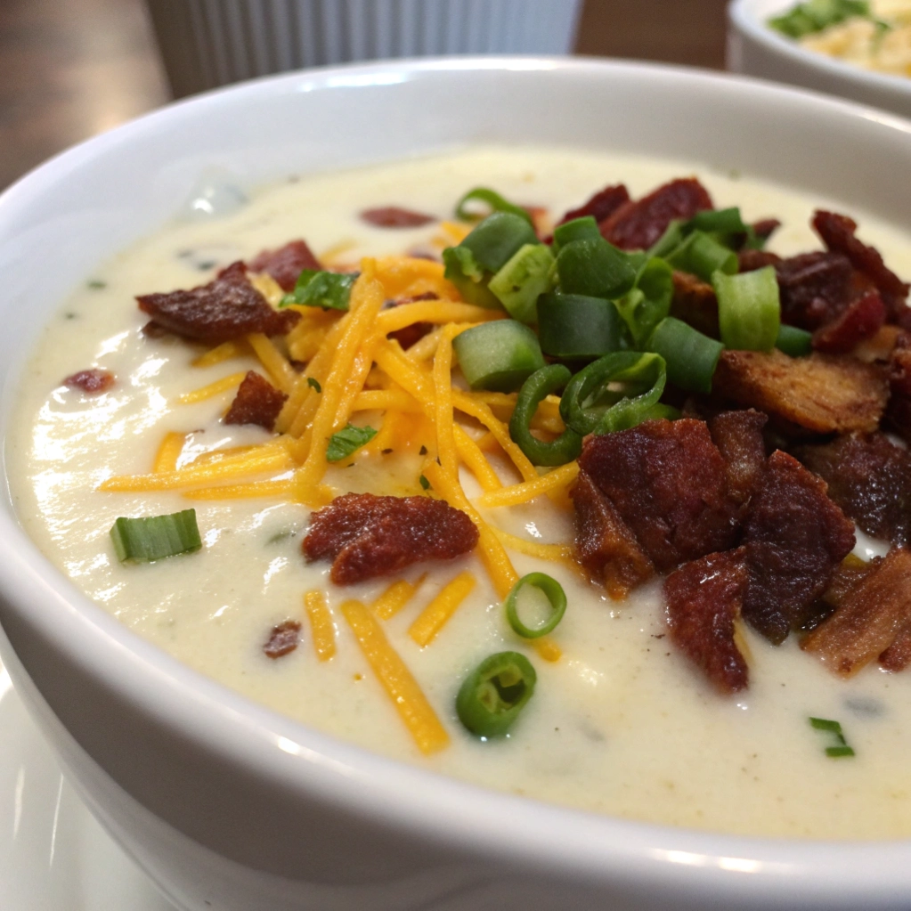 Close-up of rich potato soup with generous toppings of bacon, cheese, and scallions.