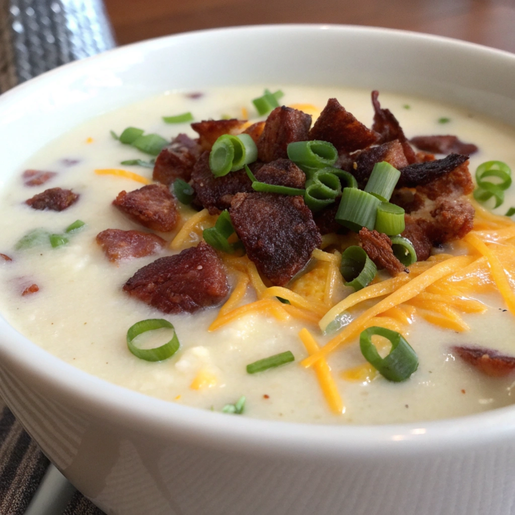Creamy loaded potato soup topped with crispy beef bacon, shredded cheddar cheese, and green onions.