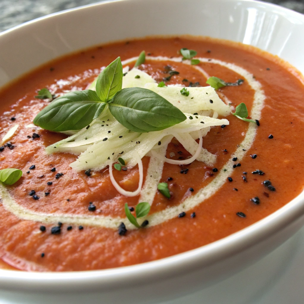 Bowl of smooth tomato soup with shaved parmesan garnish.