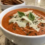 Creamy tomato basil soup topped with shredded parmesan cheese and fresh basil.
