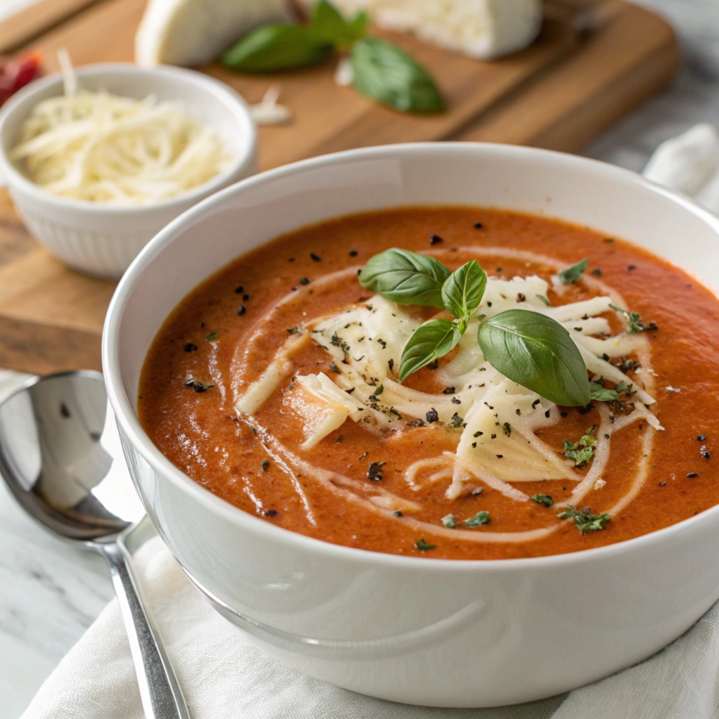 Close up of tomato basil soup with cream swirl and cheese.
