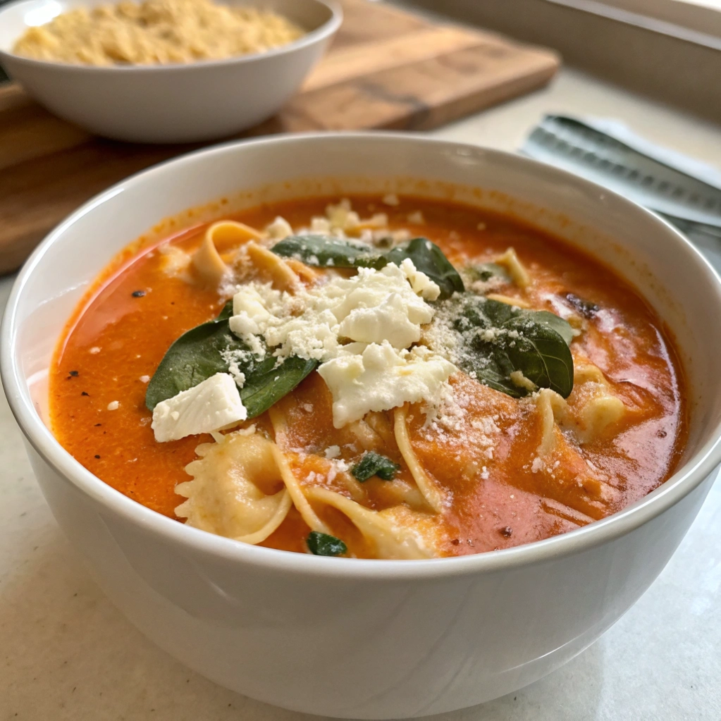 Bowl of creamy lasagna soup with parmesan, mozzarella, and ricotta.