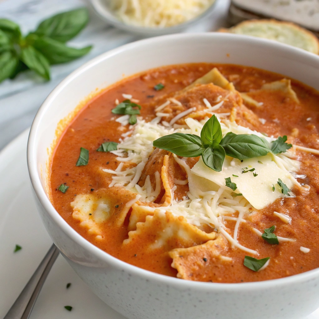 Close up of tomato lasagna soup with melted cheese and basil.