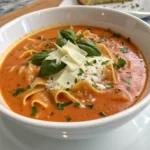 Creamy tomato lasagna soup topped with three different cheeses.