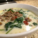 Creamy Tuscan Sausage and Spinach Soup 15 Creamy Tuscan soup with Italian sausage, fresh spinach, and sun-dried tomatoes in a white bowl.