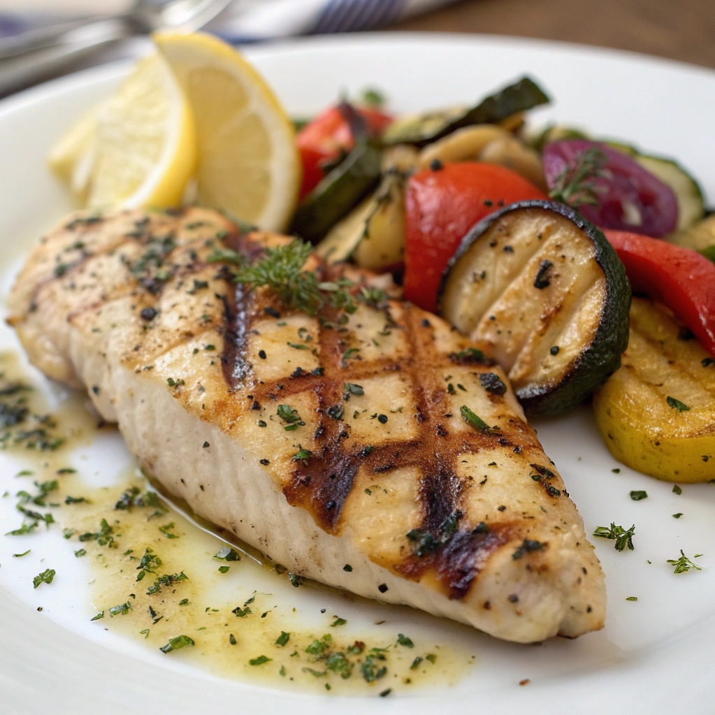 Close up of grilled chicken with herbs and roasted vegetables.