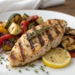 Grilled lemon herb chicken breast served with roasted zucchini and peppers.