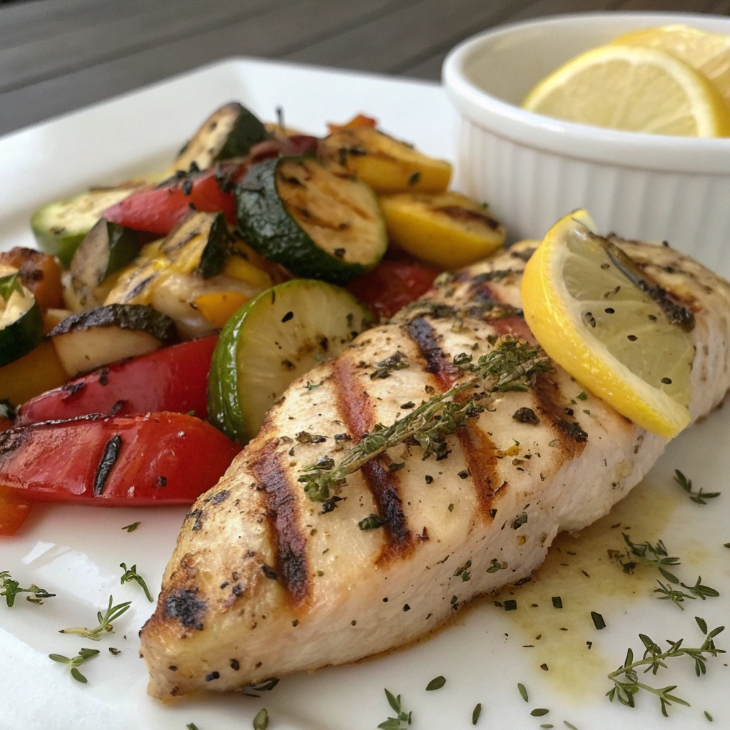 Plate of lemon chicken and roasted veggies with a fresh lemon slice.