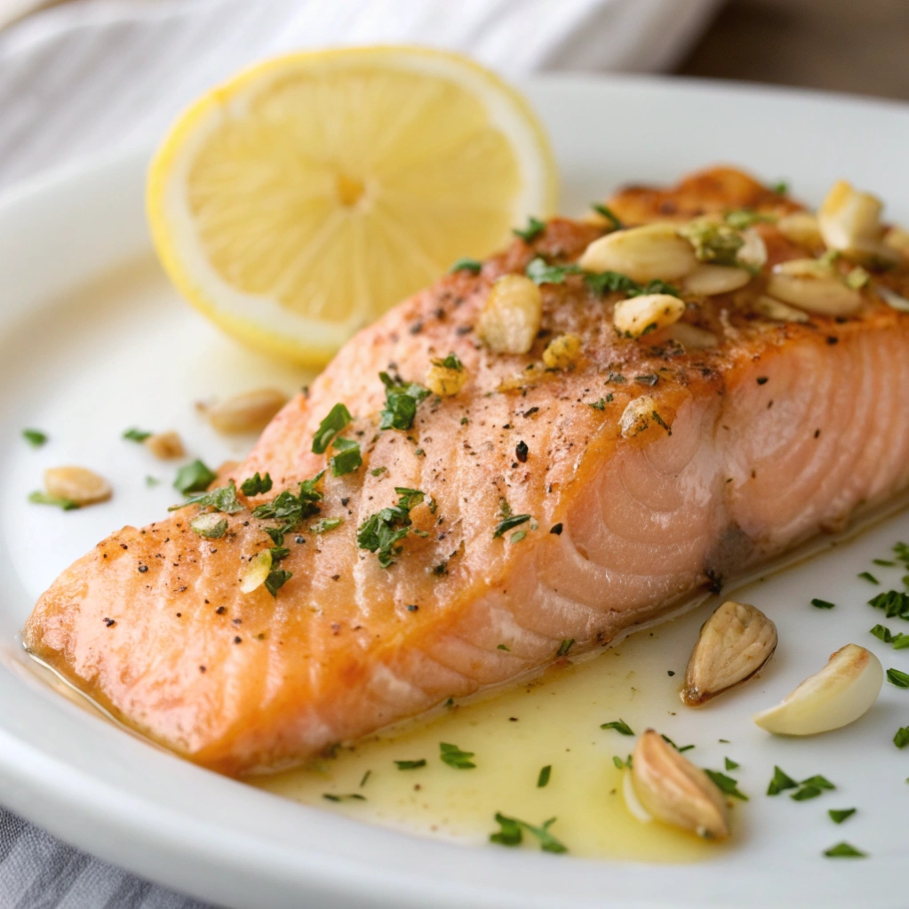 Garlic baked salmon on a white plate with lemon wedge.