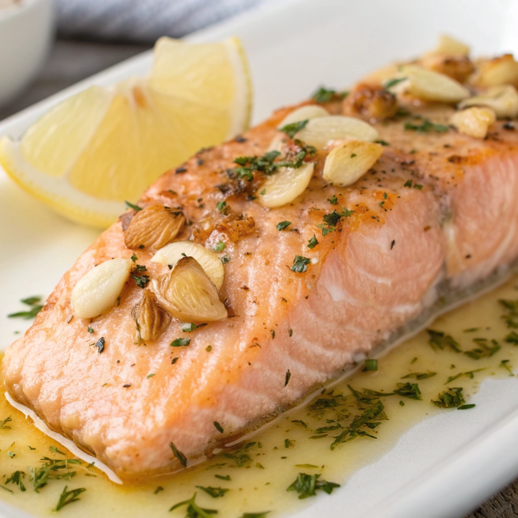 Baked salmon fillet with garlic, olive oil, and sliced almonds.