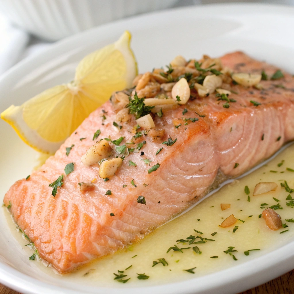 Close up of oven-baked salmon topped with almonds and herbs.