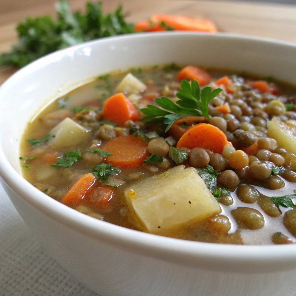 Homemade vegetable lentil soup in a white bowl.