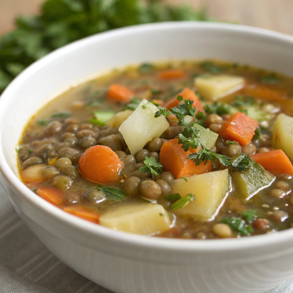 Close up of lentil vegetable soup with fresh parsley garnish.