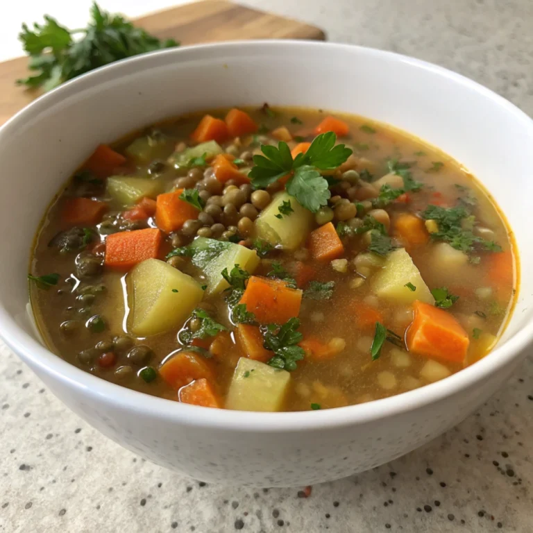 Bowl of healthy lentil and vegetable soup with carrots and potatoes.