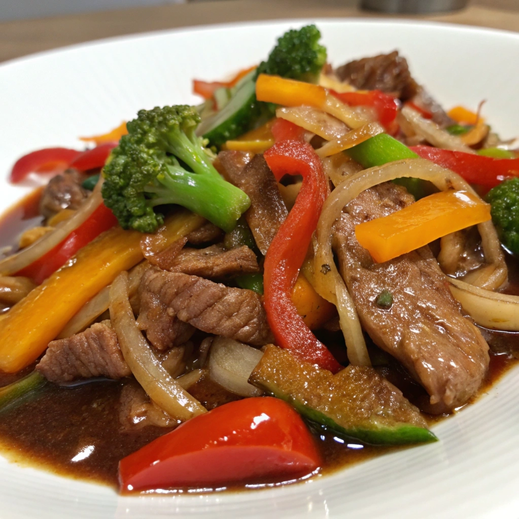 Plate of beef and vegetable stir fry with broccoli and red peppers.