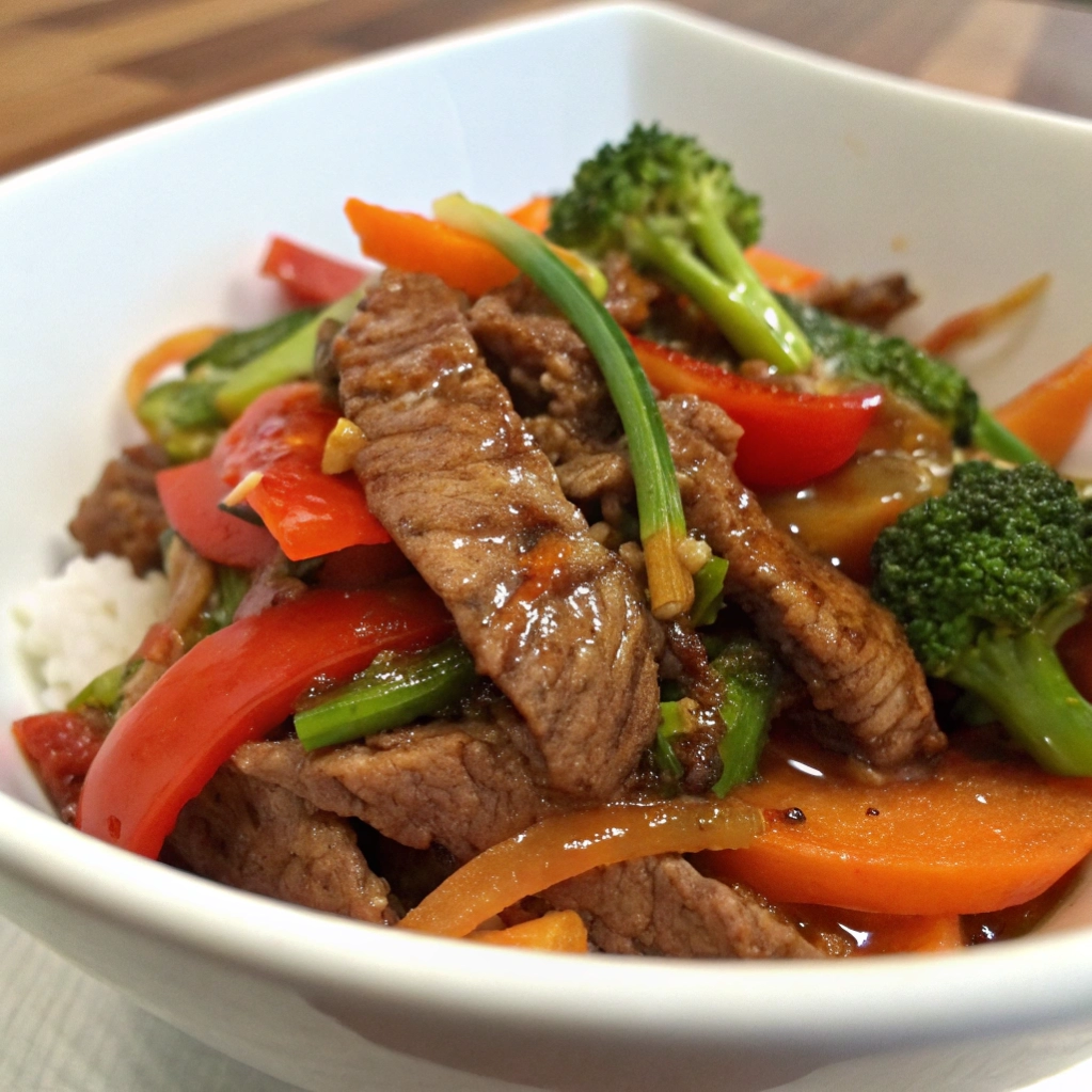 Healthy beef stir fry with broccoli, peppers, and onions in sauce.