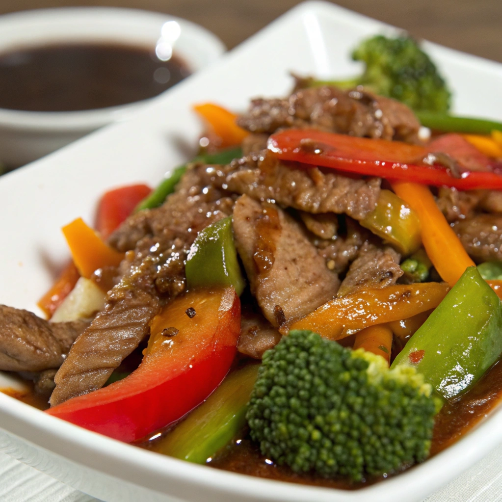 Bowl of beef stir fry with carrots and snap peas over rice.