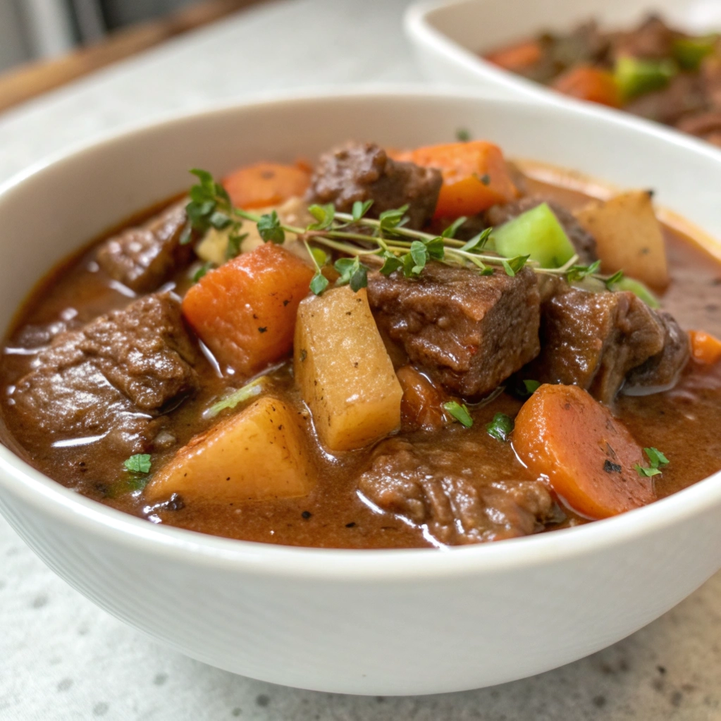 Close-up of beef and vegetable stew in a white bowl with fresh thyme garnish.