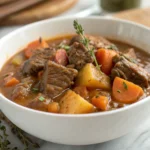 Side view of hearty beef stew with large chunks of meat, carrots, and potatoes in a rich brown gravy.