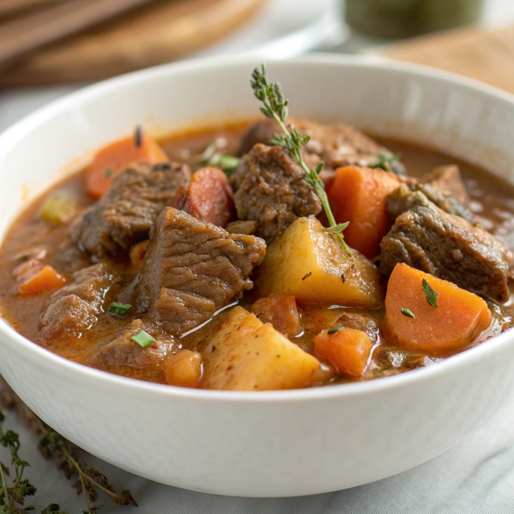 Side view of hearty beef stew with large chunks of meat, carrots, and potatoes in a rich brown gravy.