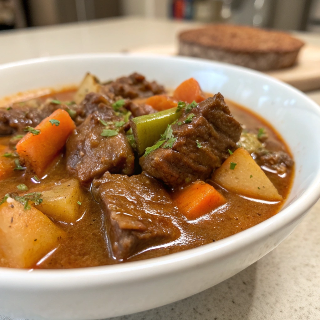 Rustic beef stew with celery, carrots, and potatoes in a white bowl.