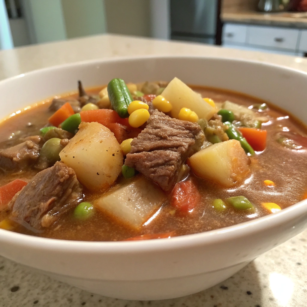 Homemade beef soup with potatoes, green beans, and carrots.