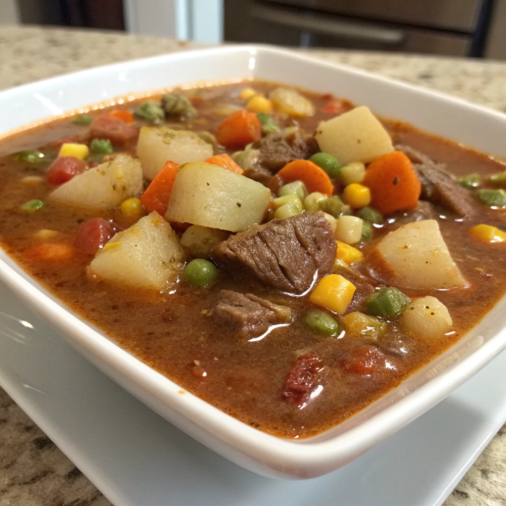 Close up of beef vegetable soup with large potato chunks.