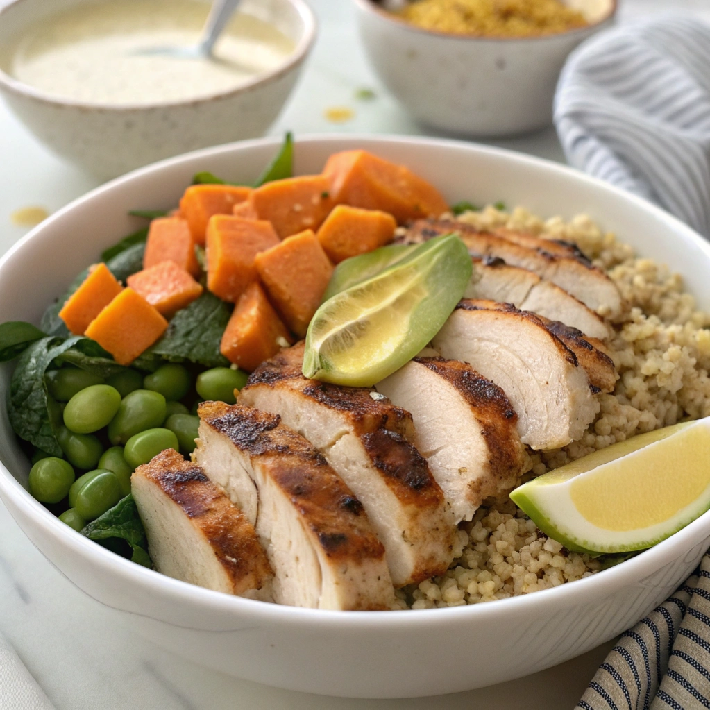 Chicken quinoa power bowl with avocado, edamame, and lemon.