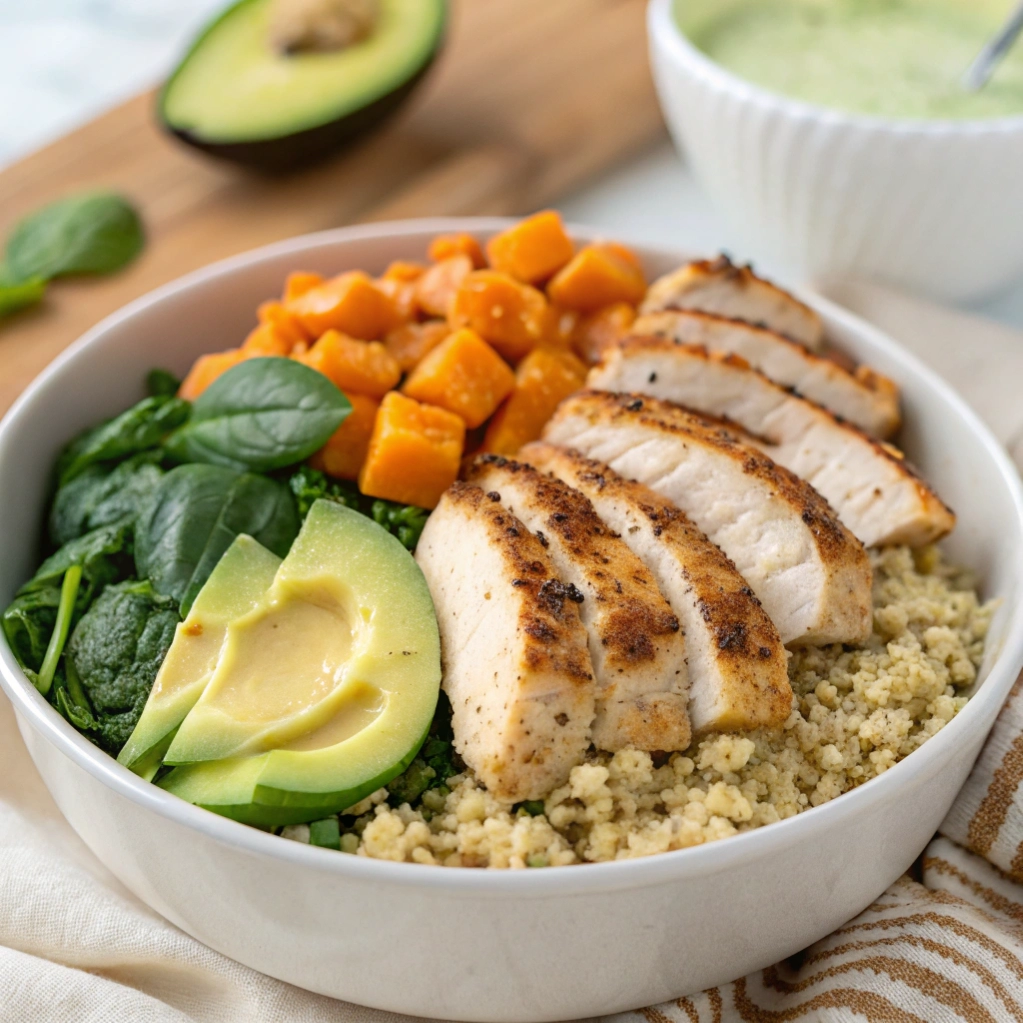 Chicken power bowl with sweet potatoes and lime dressing.