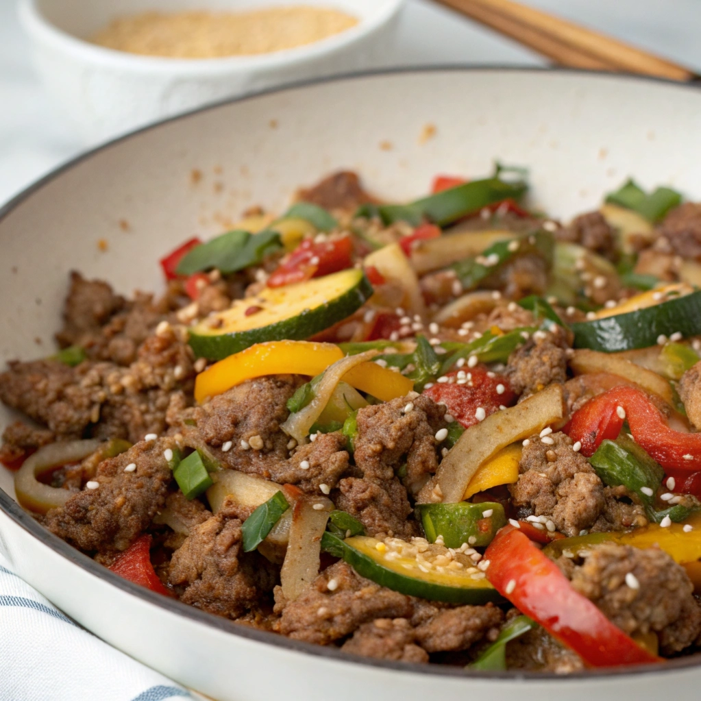 Bowl of beef skillet dinner with zucchini and green onions.