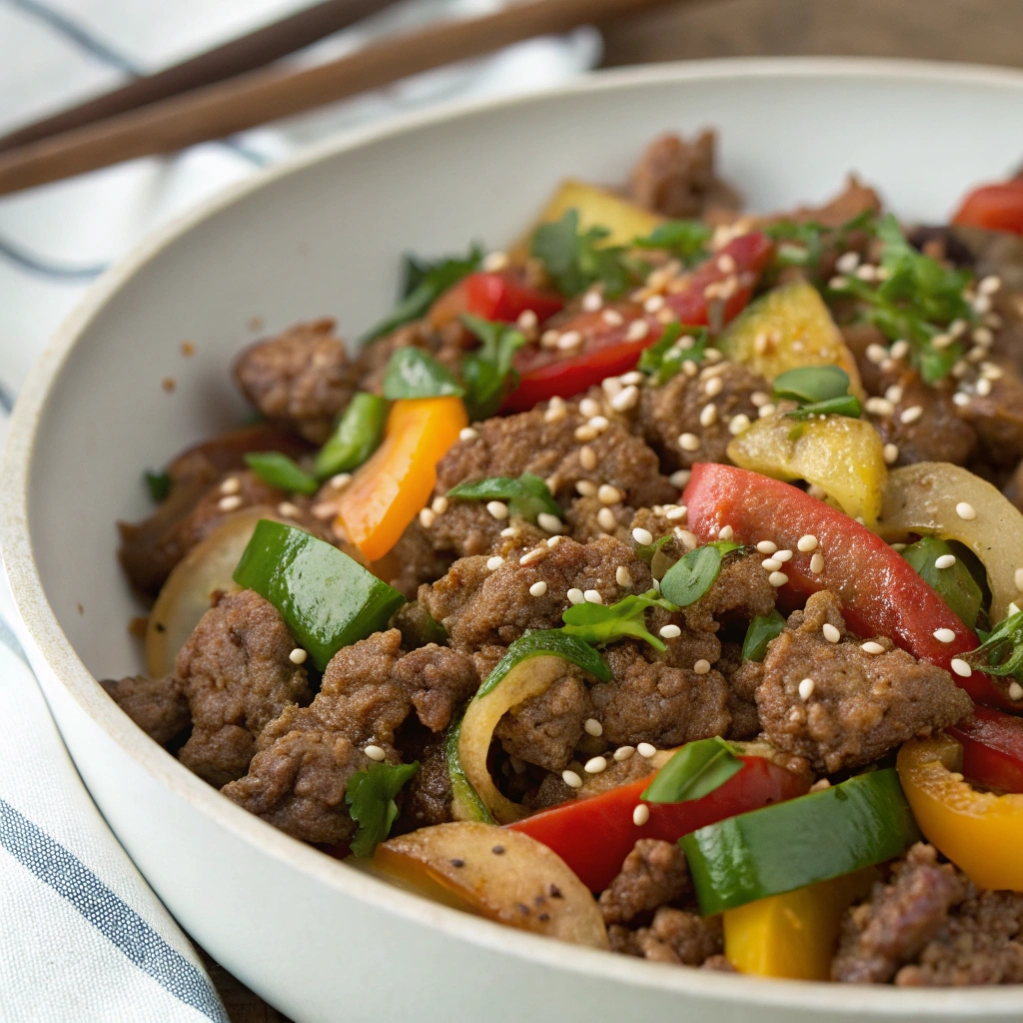 Close up of beef and vegetable stir fry in a white pan.