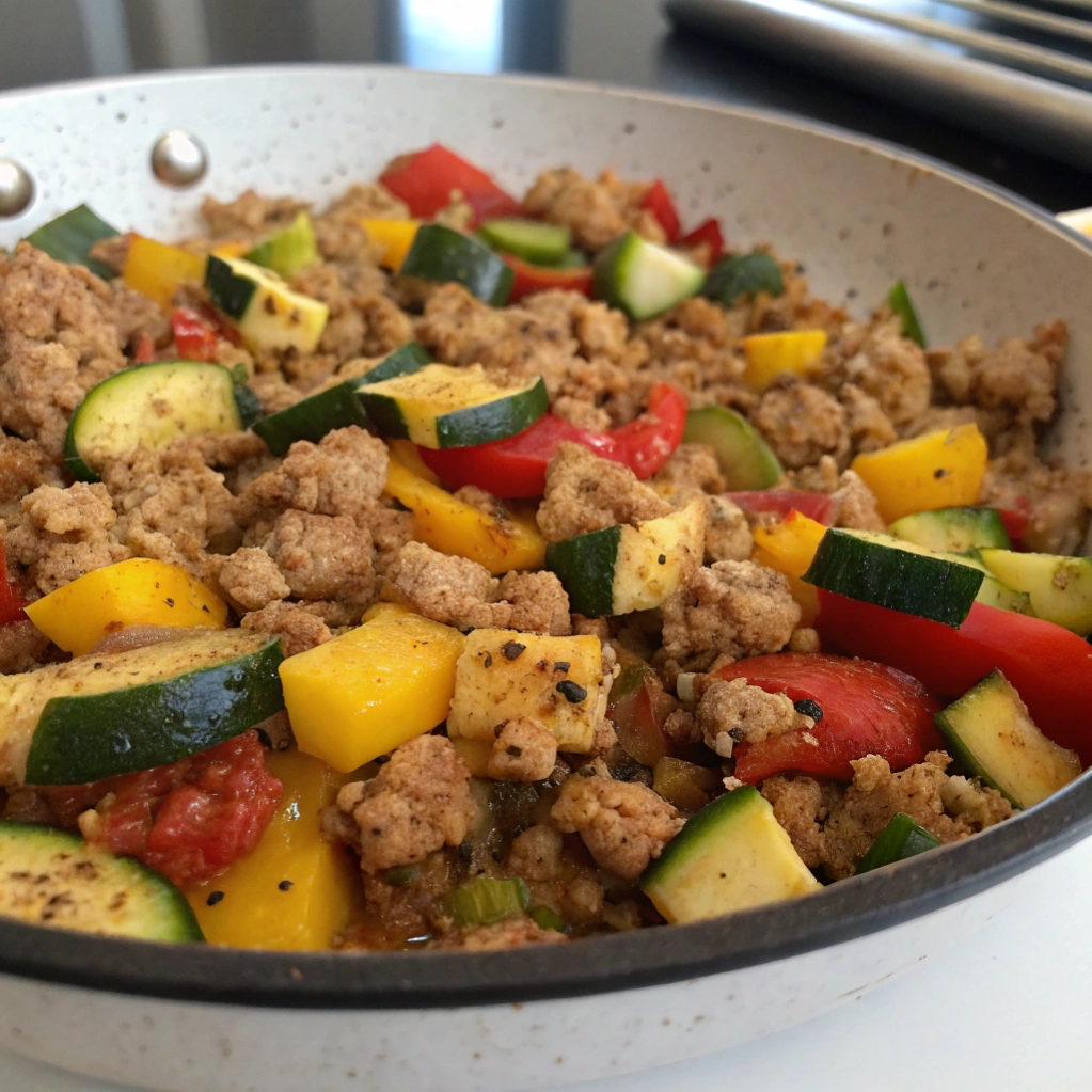 Turkey vegetable skillet dinner with zucchini and yellow squash.