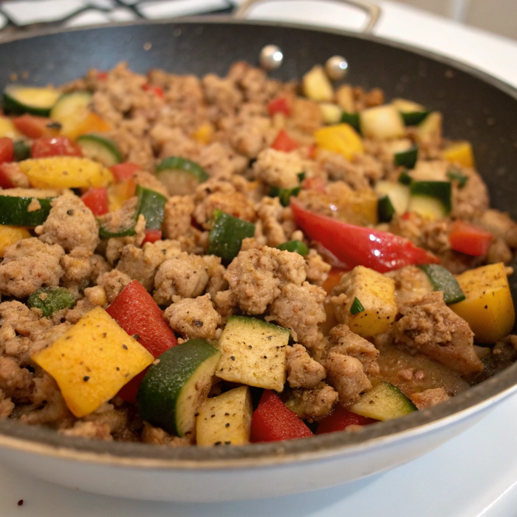 Close up of turkey and vegetable skillet in a white pan.