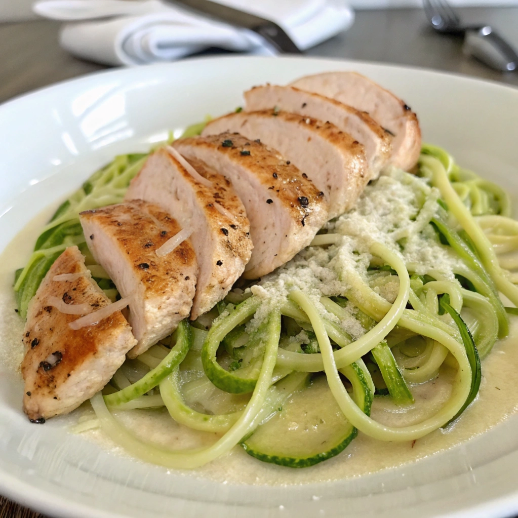 Zucchini noodle chicken alfredo with sliced grilled chicken breast.