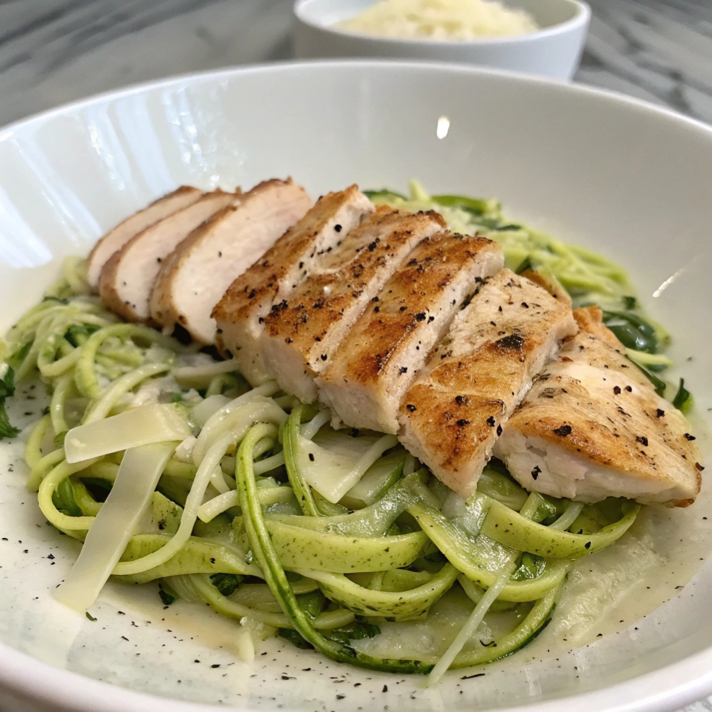 Plate of chicken alfredo with zucchini noodles and parmesan cheese.