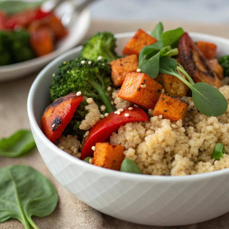 Quinoa power bowl with roasted sweet potatoes, broccoli, and spinach.