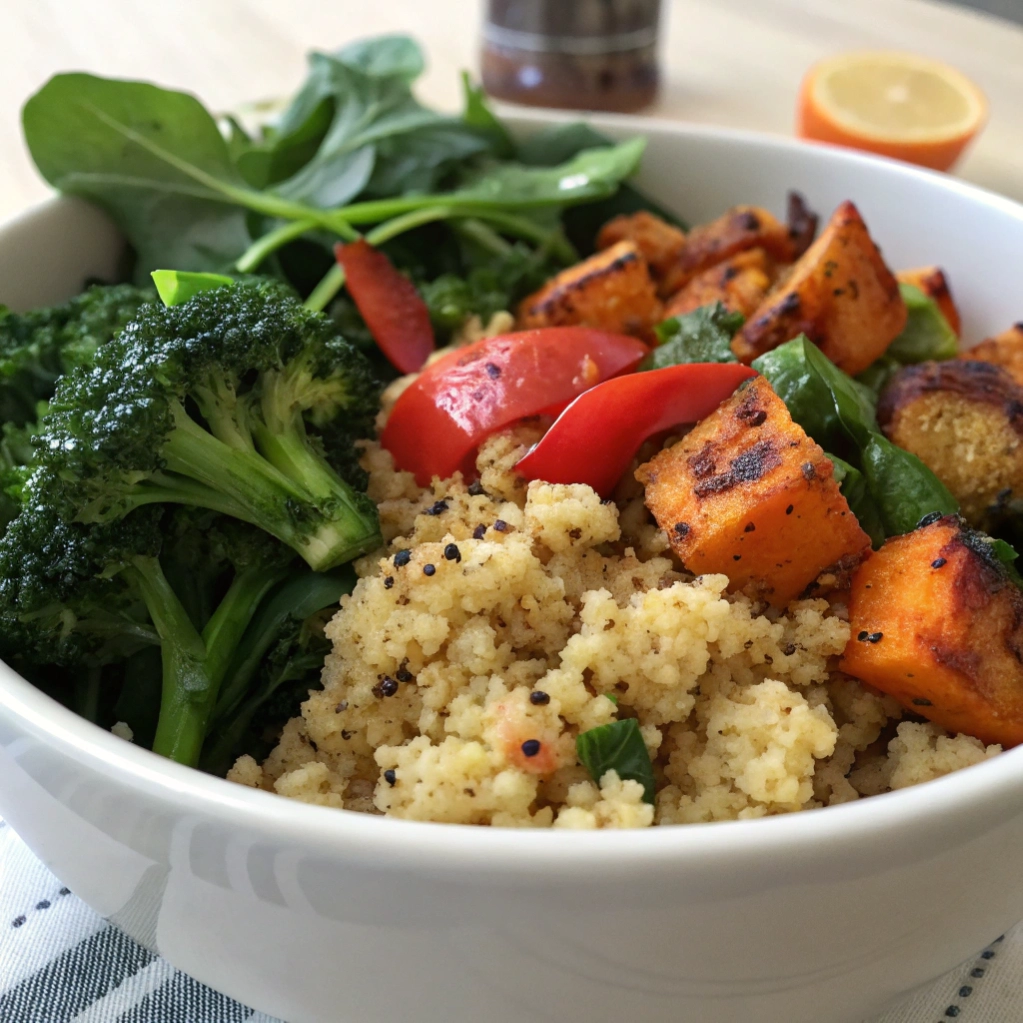Close up of healthy quinoa bowl with roasted veggies and lemon.