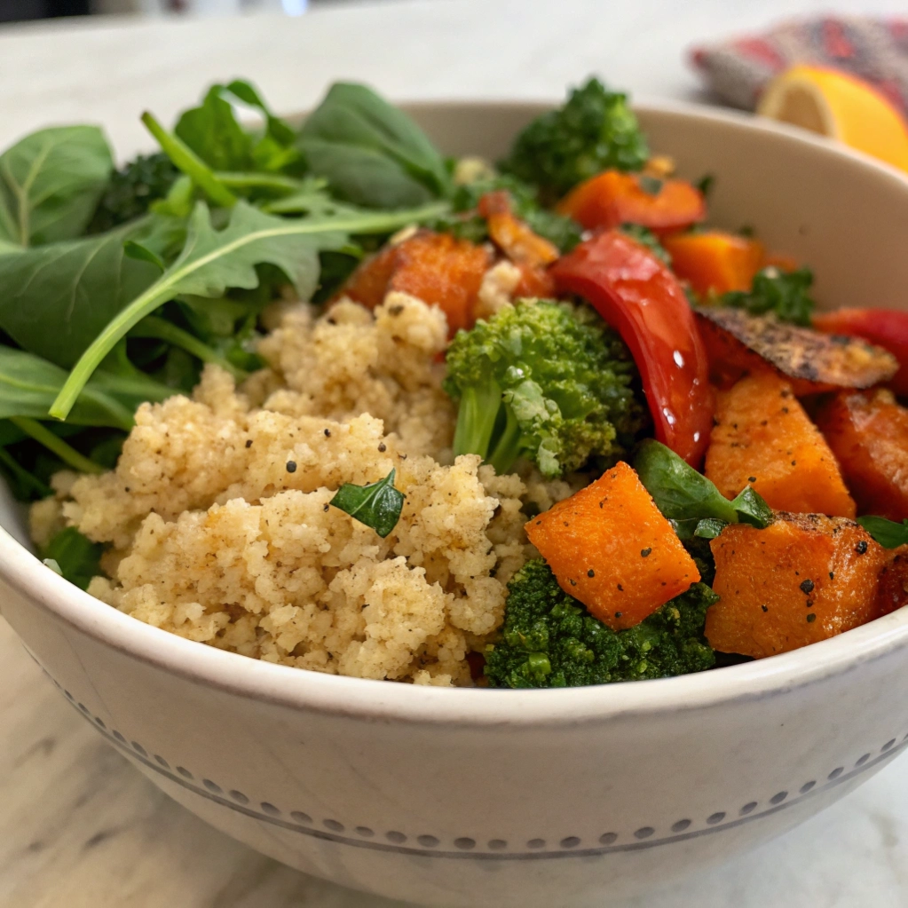 Bowl of quinoa and vegetables topped with fresh greens.