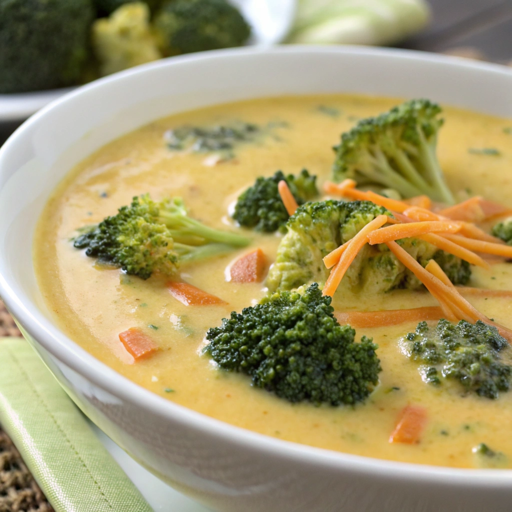 Creamy yellow broccoli cheese soup in a white bowl topped with fresh carrots.