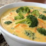 Close-up of rich cheddar broccoli soup with large florets and shredded carrot garnish.