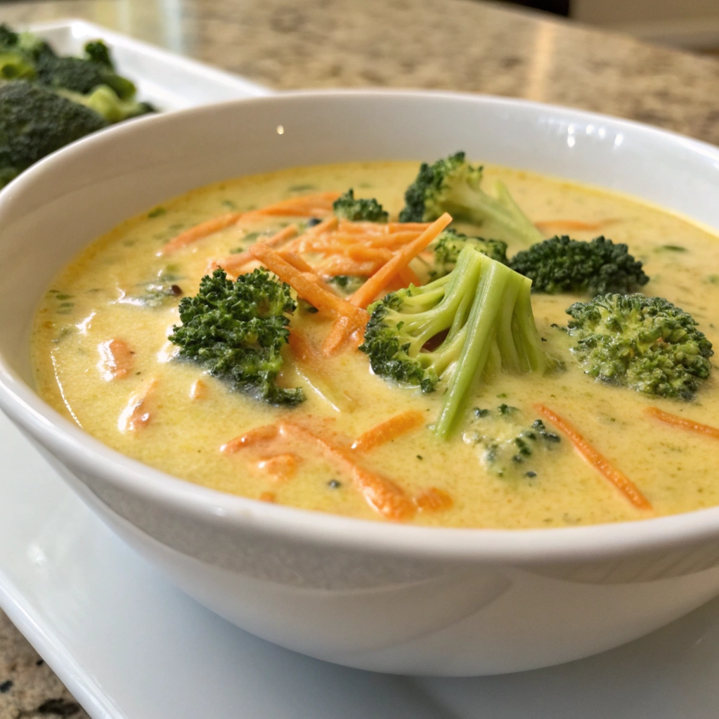 Side view of broccoli cheddar soup in a white bowl showing creamy texture and vegetable chunks.